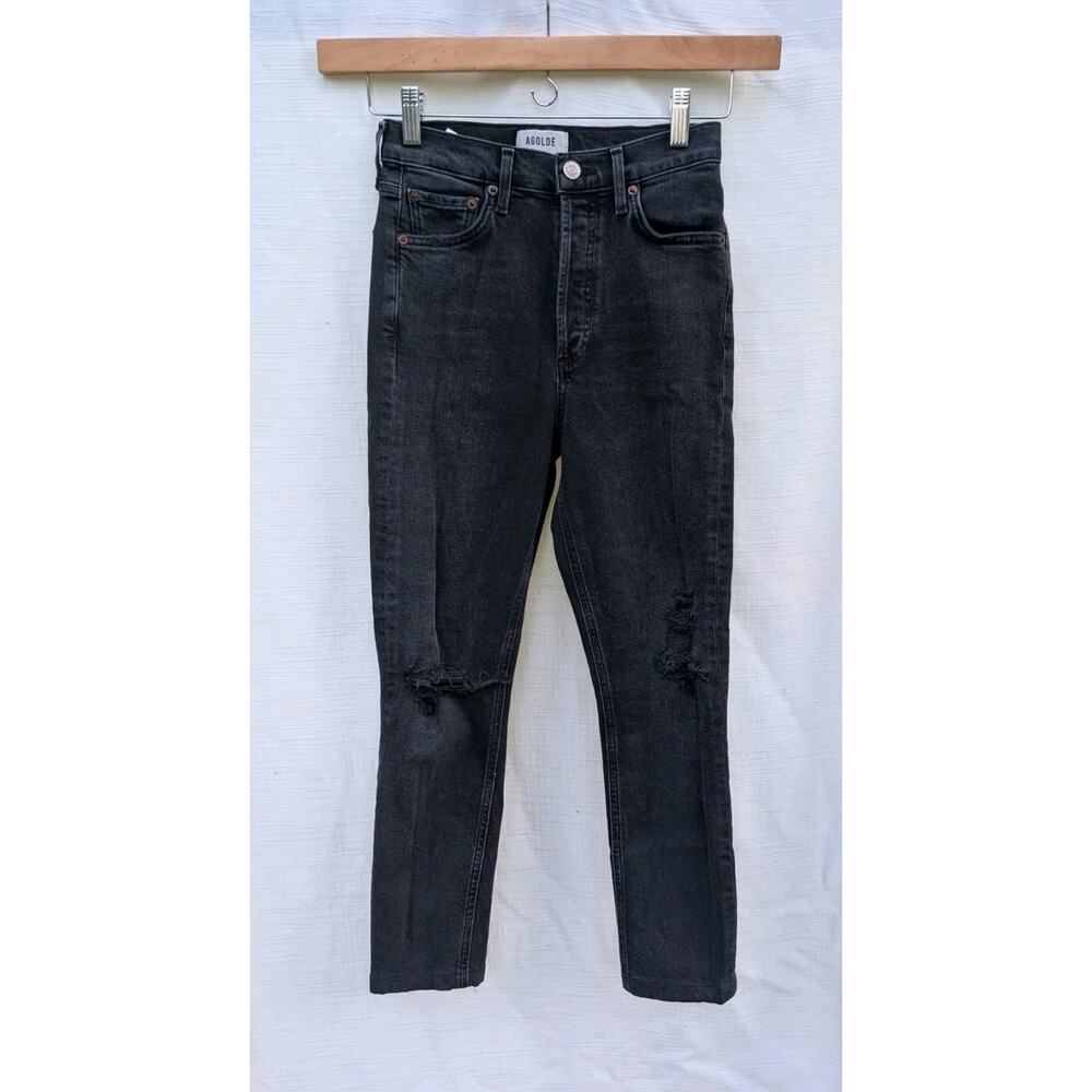 AGOLDE Women's Nico Jeans 24 Black Denim Button Fly Stretch Slim Leg Distressed
